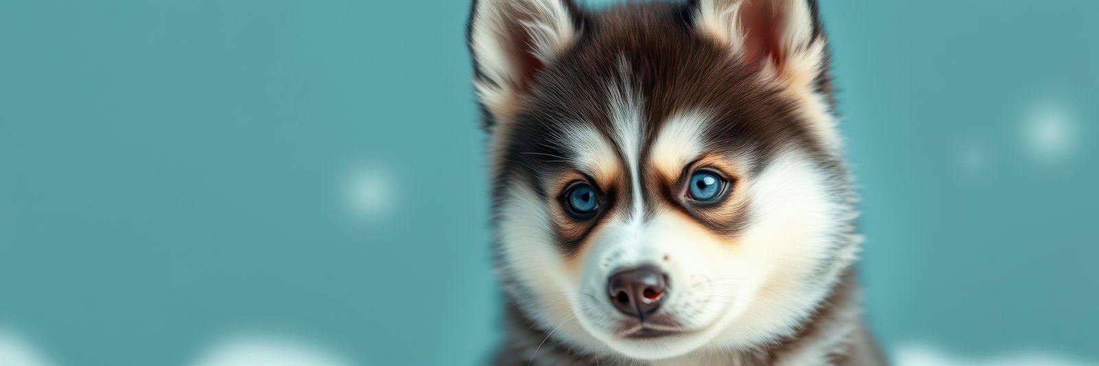 Playful husky puppy with striking blue eyes amidst a snowy background in a serene winter setting